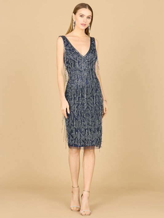 Cocktail Dresses Short Fitted Beaded Fringe Cocktail Dress Navy