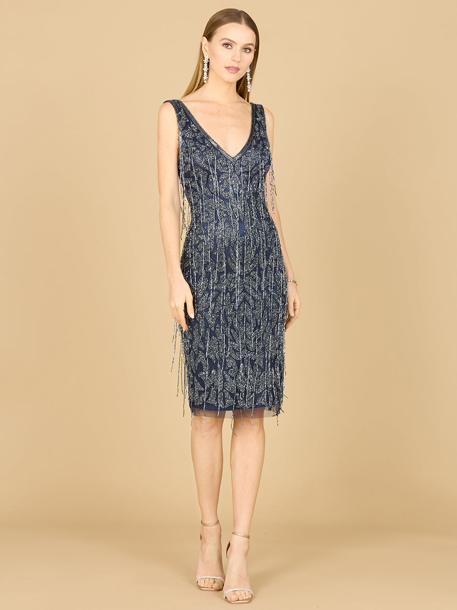Cocktail Dresses Short Fitted Beaded Fringe Cocktail Dress Navy
