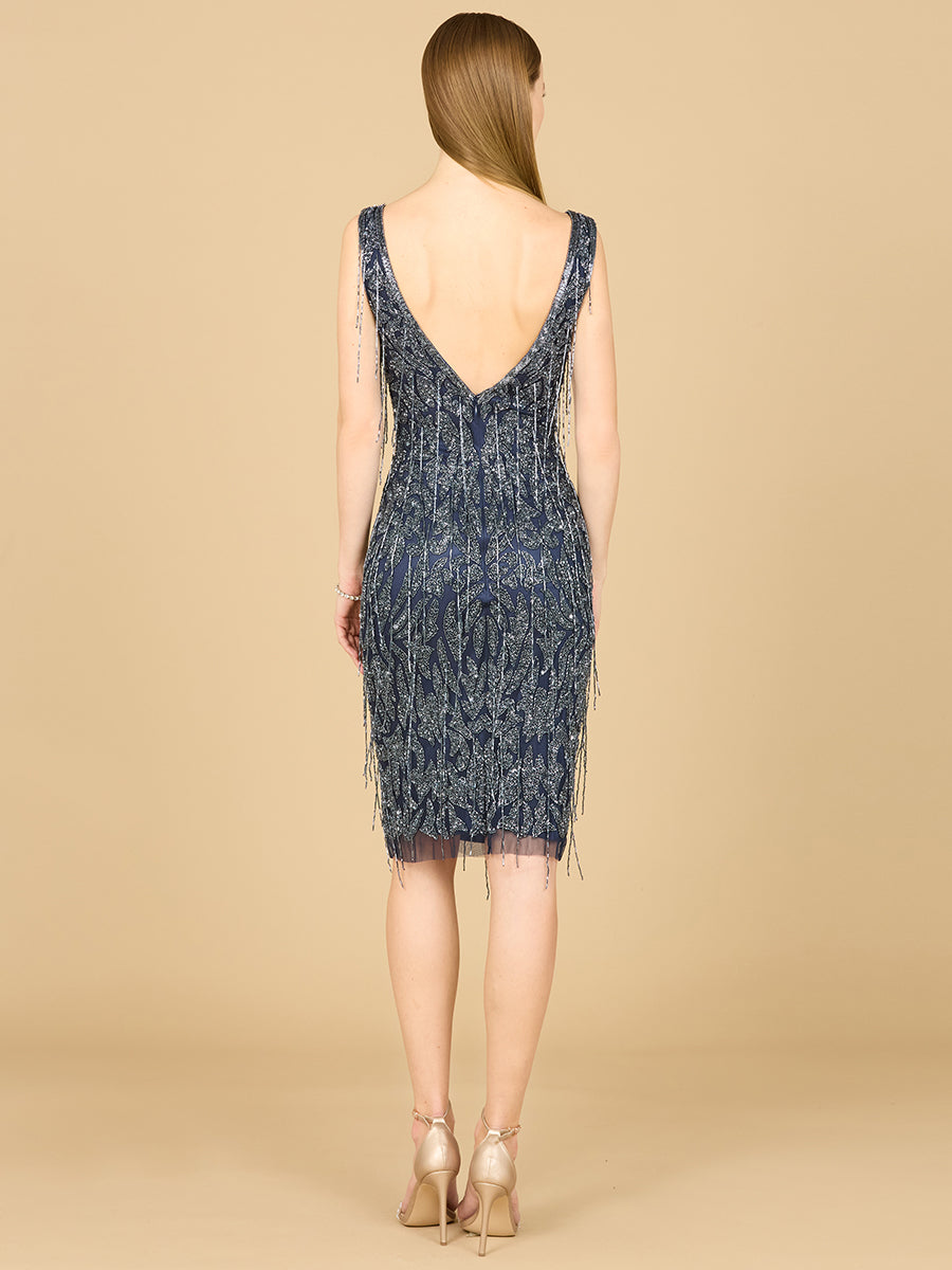 Cocktail Dresses Short Fitted Beaded Fringe Cocktail Dress Navy