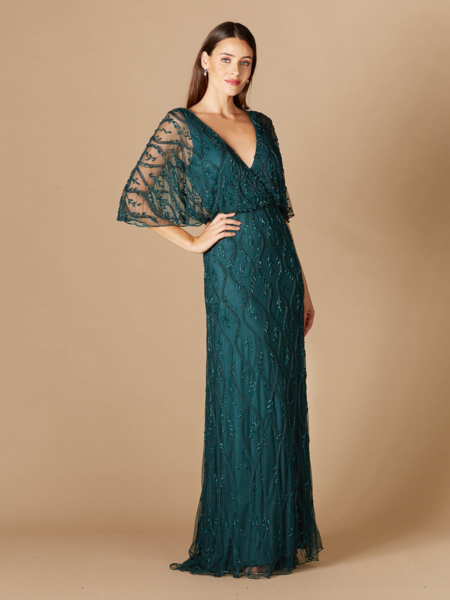 LARA Women's Illusion Cape Sleeve Beaded Gown - Champagne