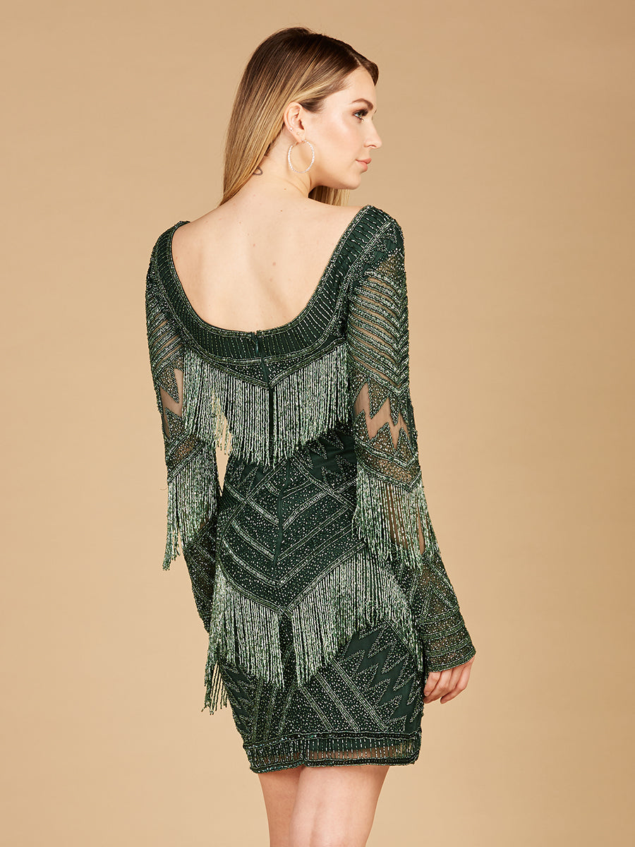 Lara Dresses 29355 Long Sleeve Beaded Fringe Short Cocktail Dress