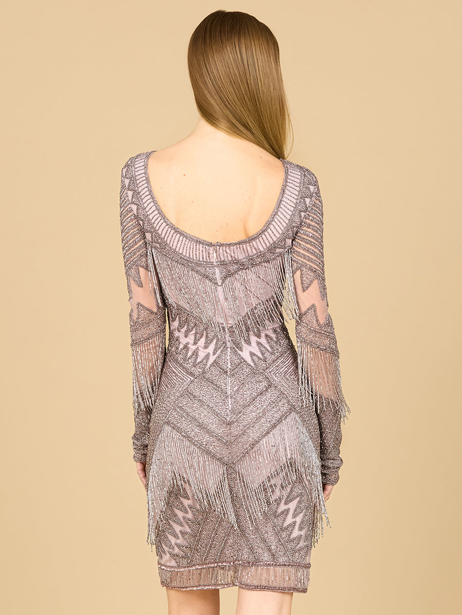 Lara Dresses 29355 Long Sleeve Beaded Fringe Short Cocktail Dress