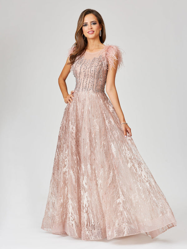 Lara Dresses 29475 Long Ball Gown Formal Lace Feather Evening Dress