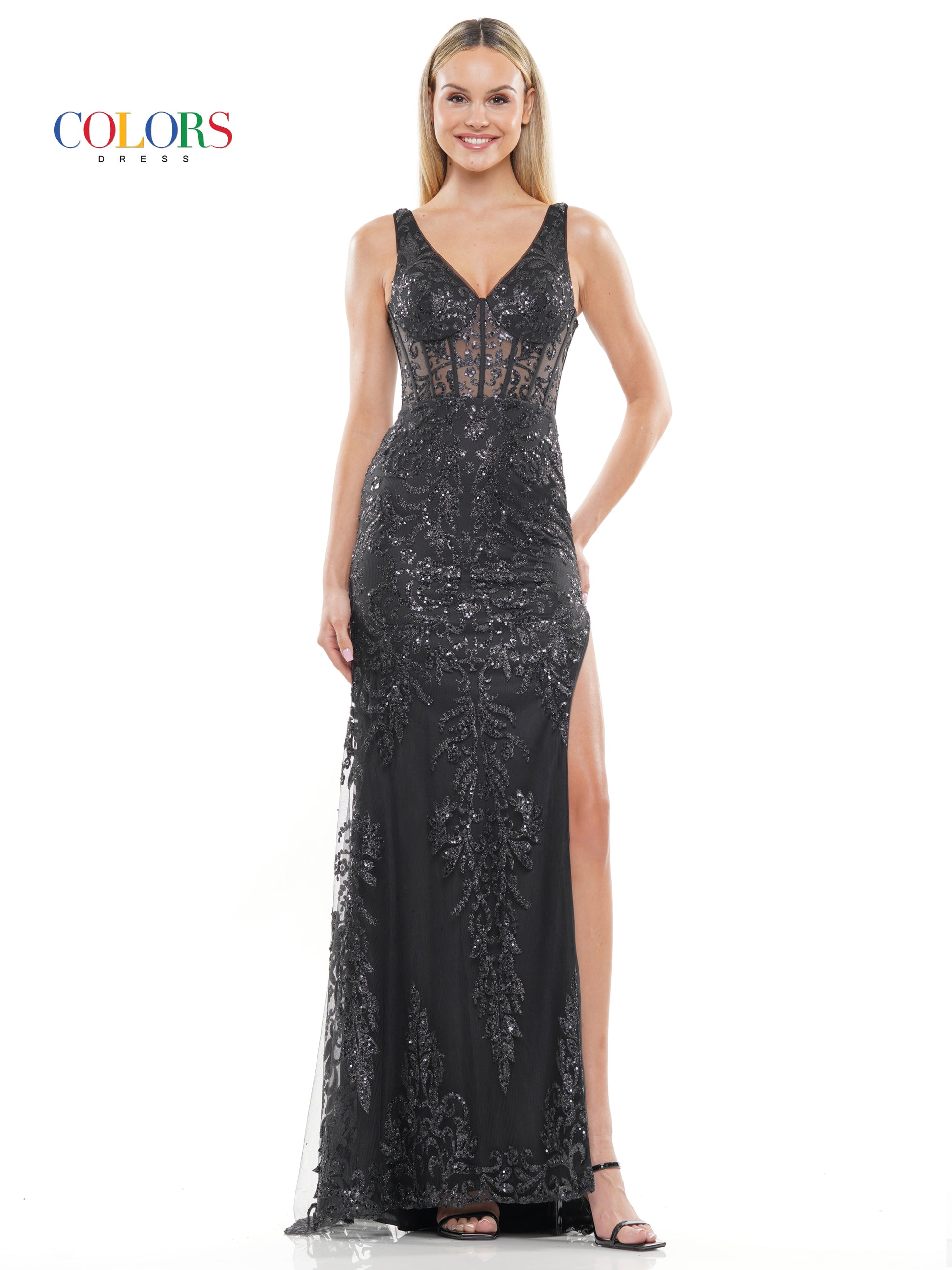 Colors 2990 Long Sleeveless Glitter Prom Dress