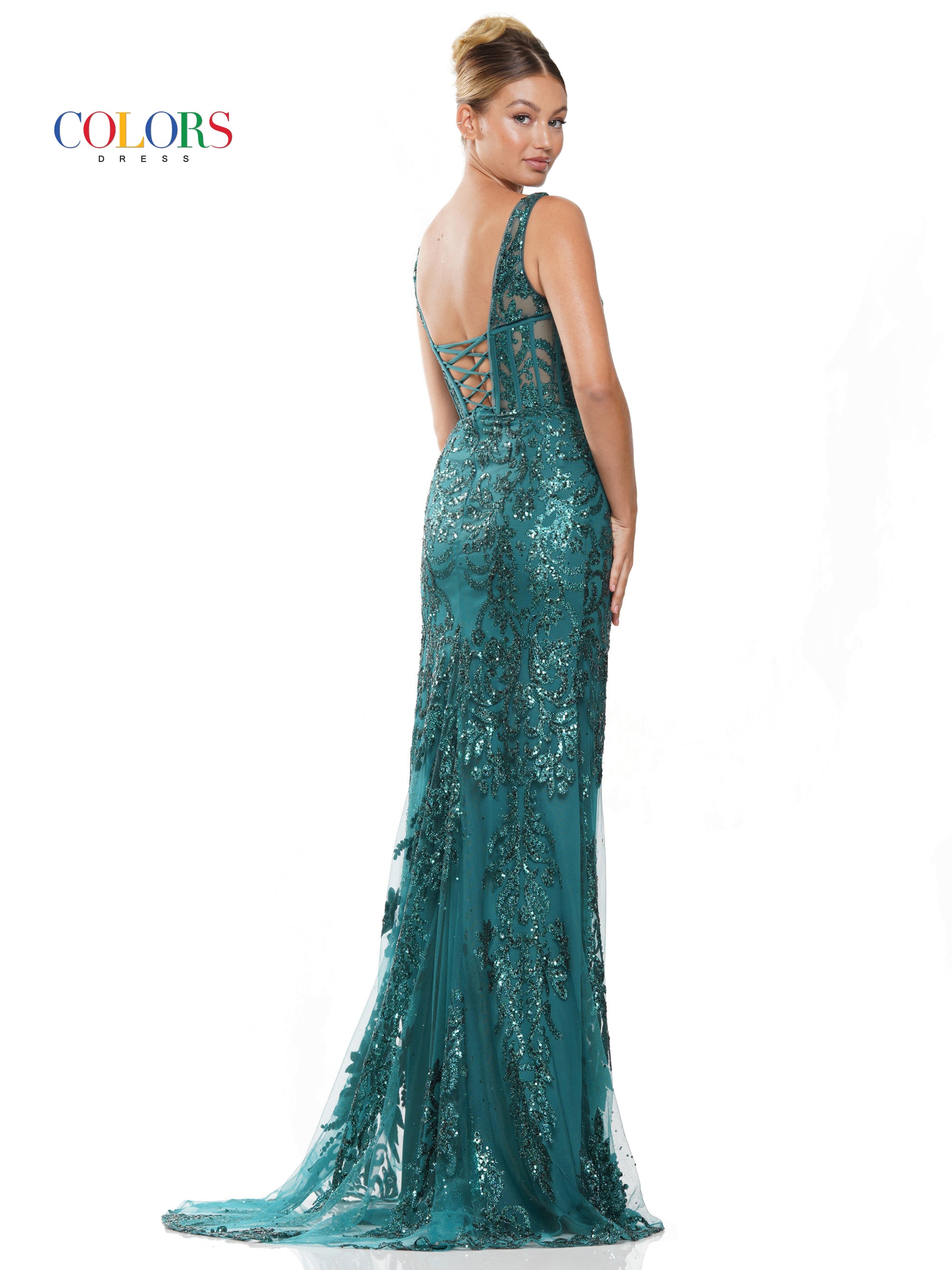 Colors 2990 Long Sleeveless Glitter Prom Dress