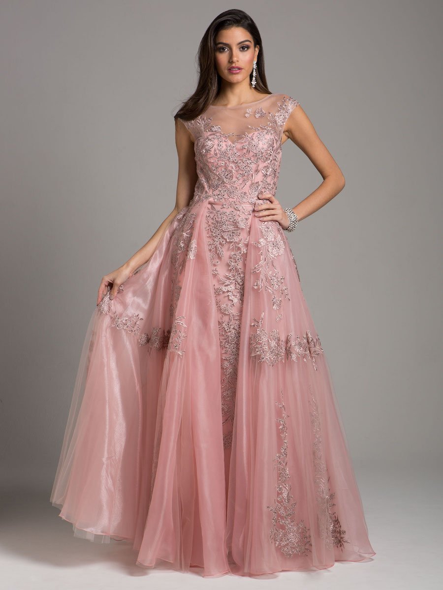 Lara Dresses 29946 Long Floral Applique Ball Gown Overskirt Formal Dress