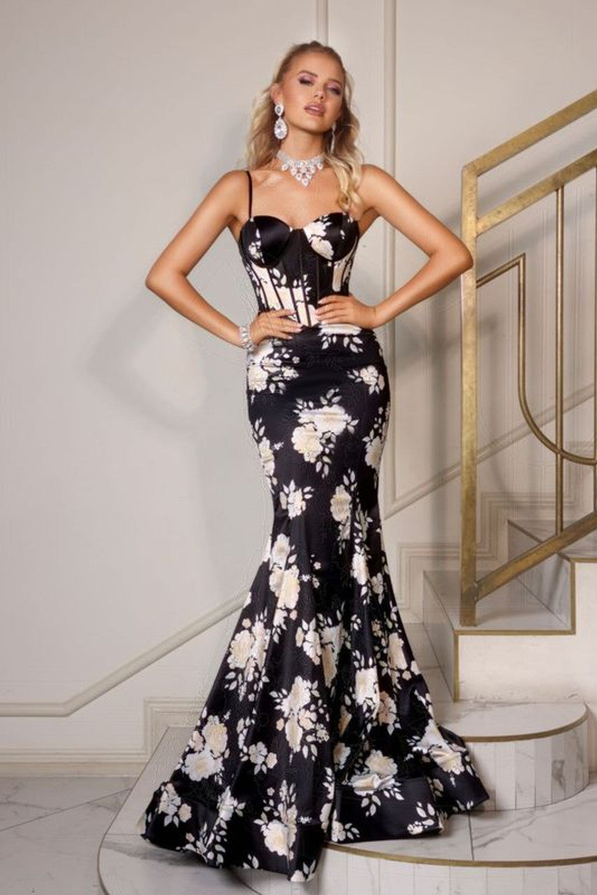 Prom Dresses Long Mermaid Formal Floral Print Prom Dress Black