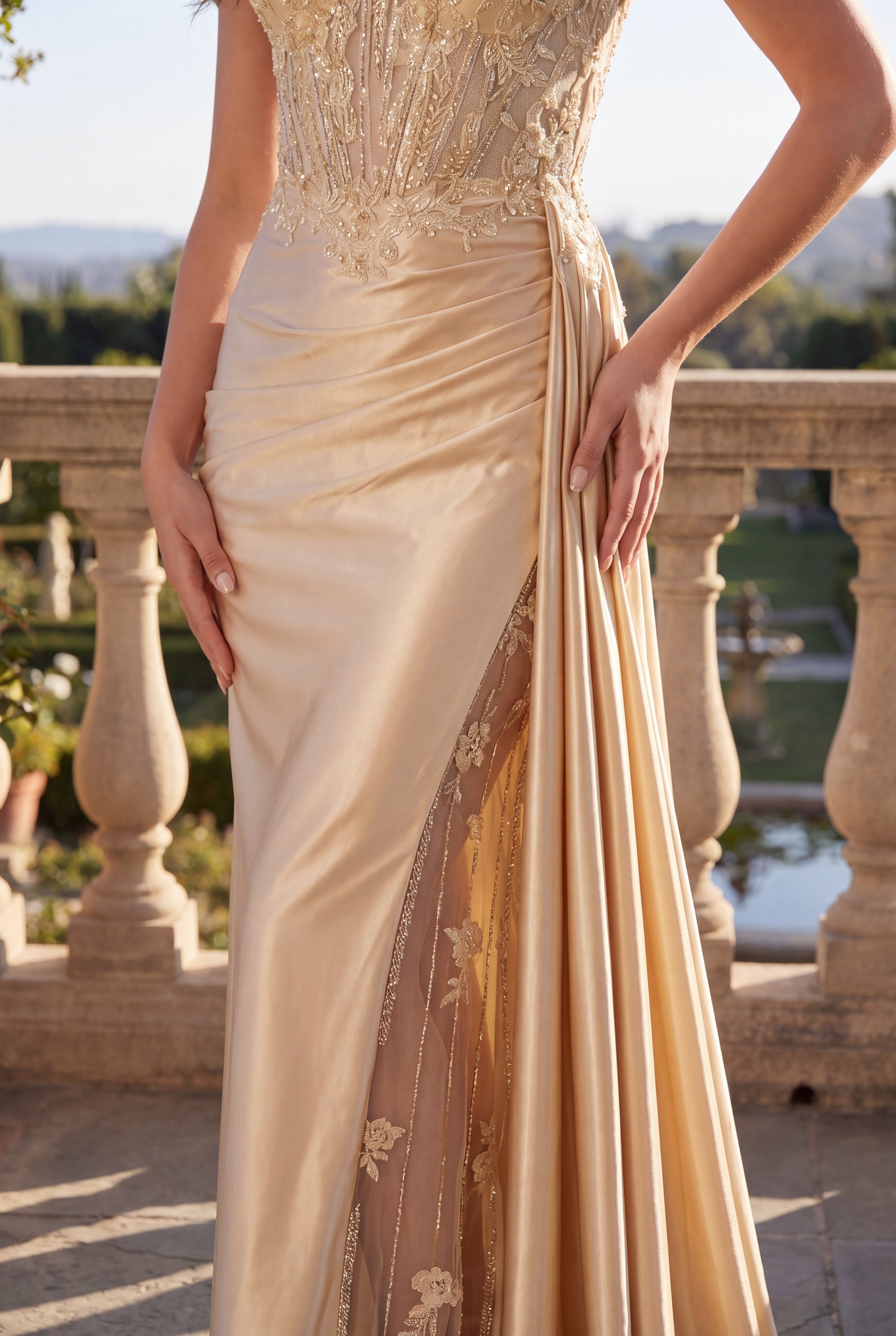 Long Corset Prom Dresss with Beaded Drape Slit