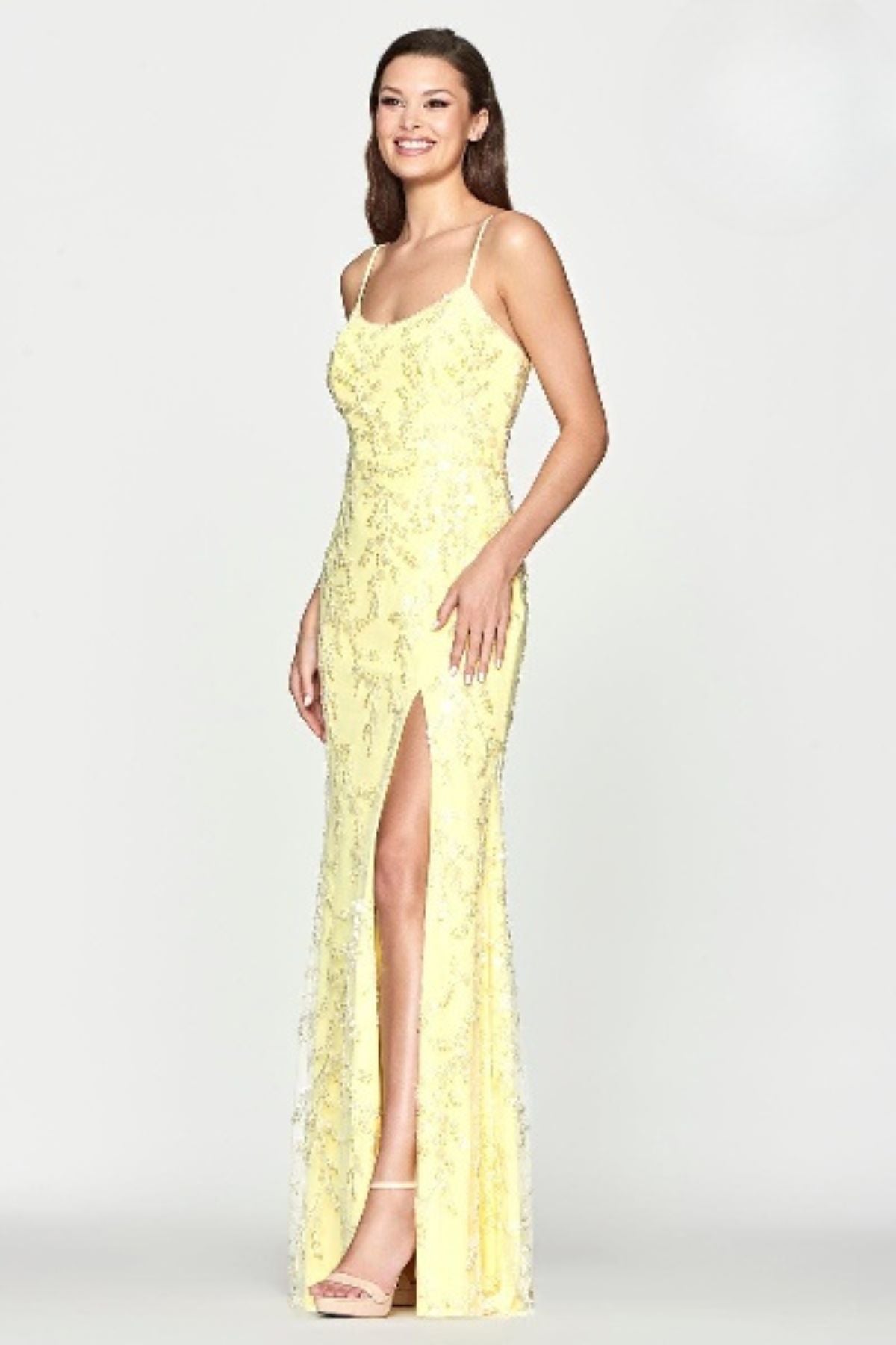 Prom Dresses Fitted Slit Long Formal Sequin Prom Dress Light Yellow