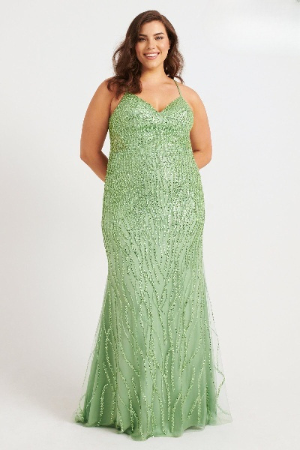 Plus Size Dresses Long Formal Beaded Applique Prom Plus Size Dress Sage
