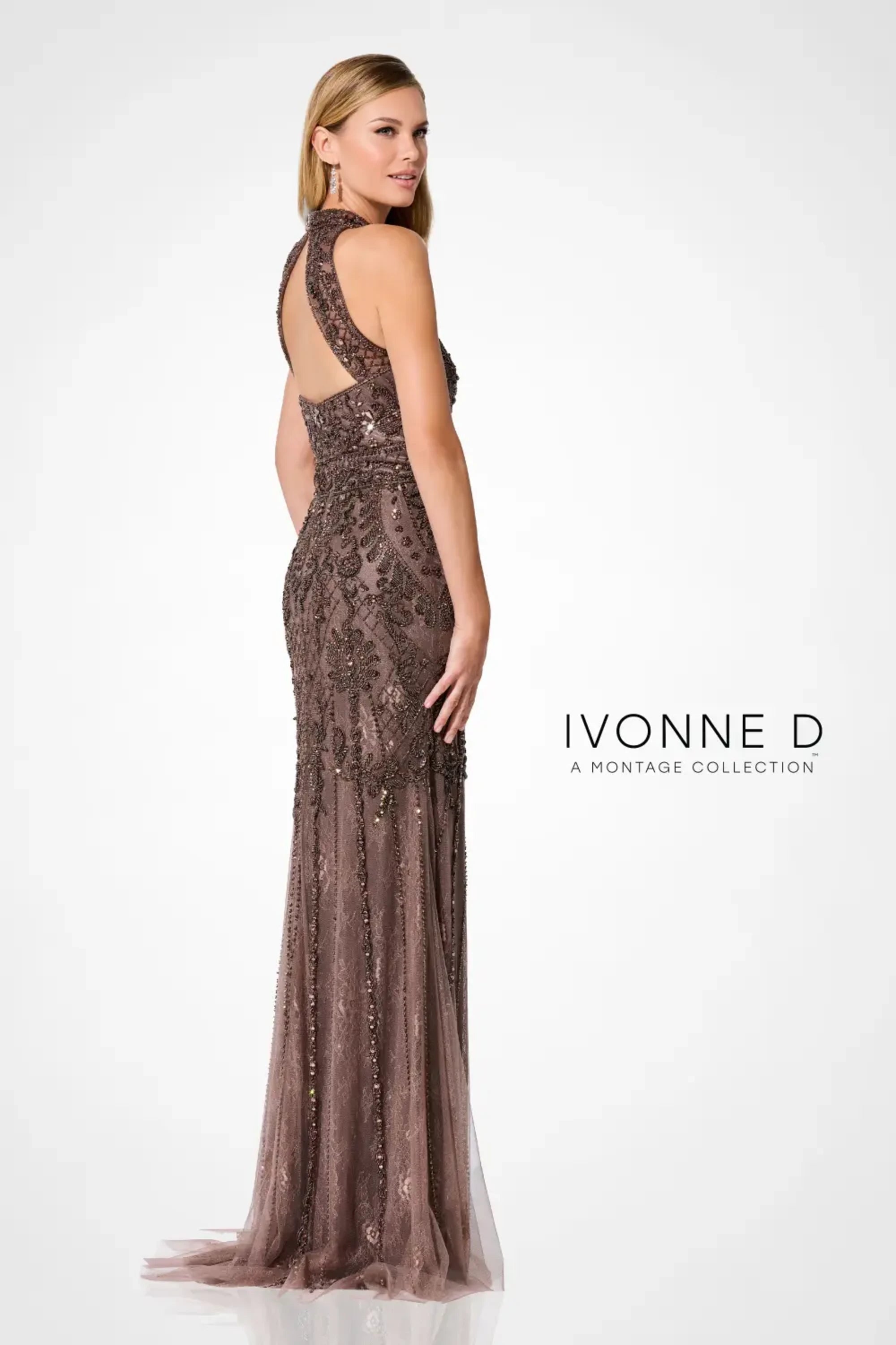 Formal Dresses Fitted Long Beaded Lace Formal Evening Dress Mocha