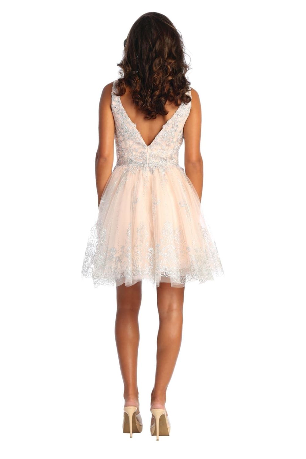 Blush/Silver V-Neck Short Tulle Homecoming Cocktail Dress Embroidery May Queen MQ1817