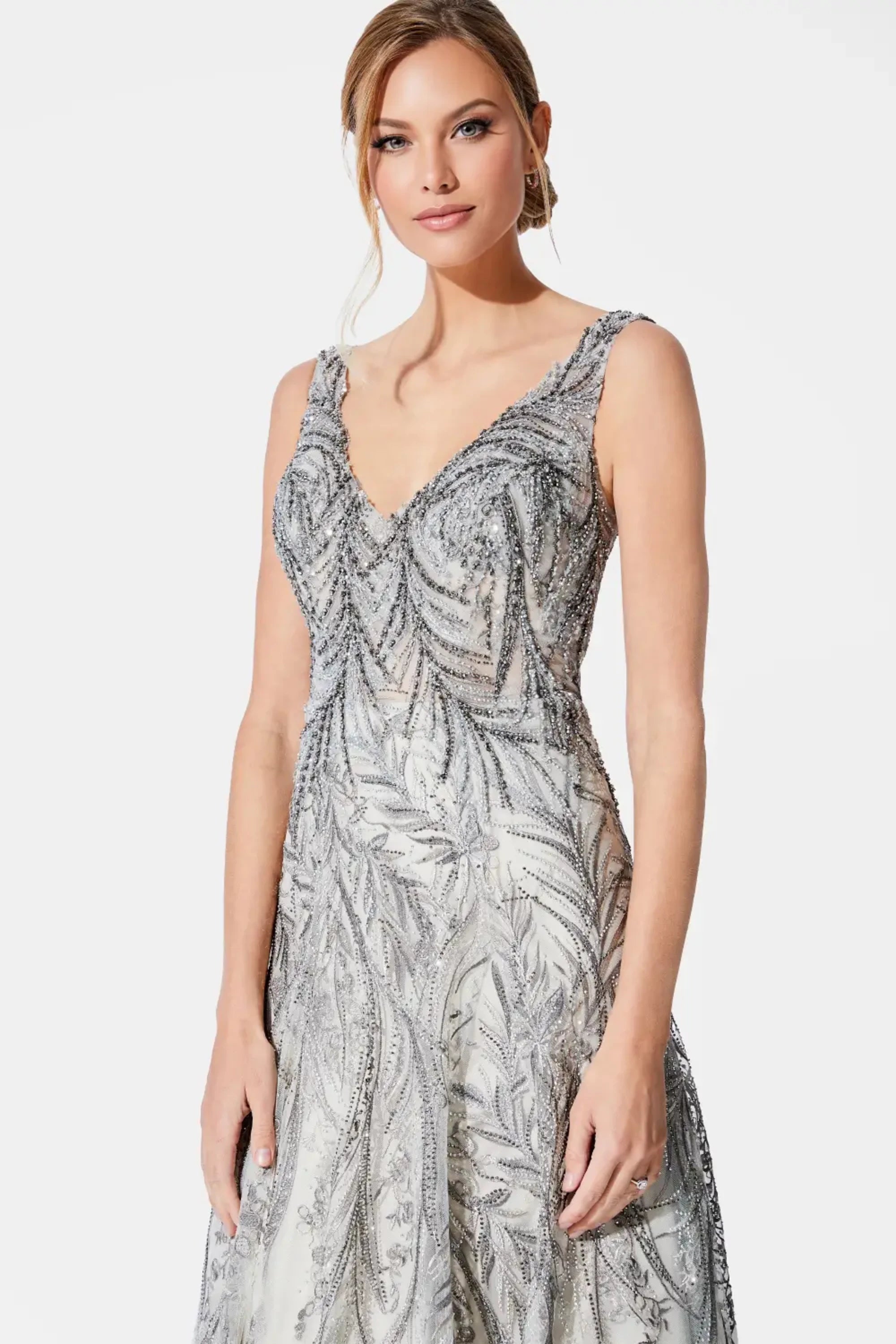 Plus Size Dresses Formal Long Plus Size Beaded A Line Dress Taupe/Multi