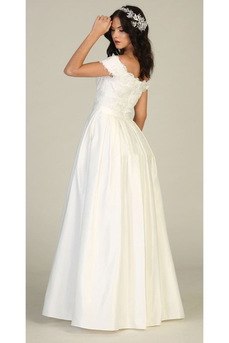 Ivory Off-the-Shoulder Floor-Length Lace Satin Wedding Dress Pockets May Queen MQ1762