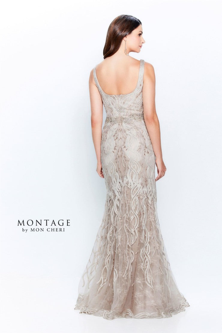 Montage 120921 Long Beaded Lace Metallic Evening Formal Dress