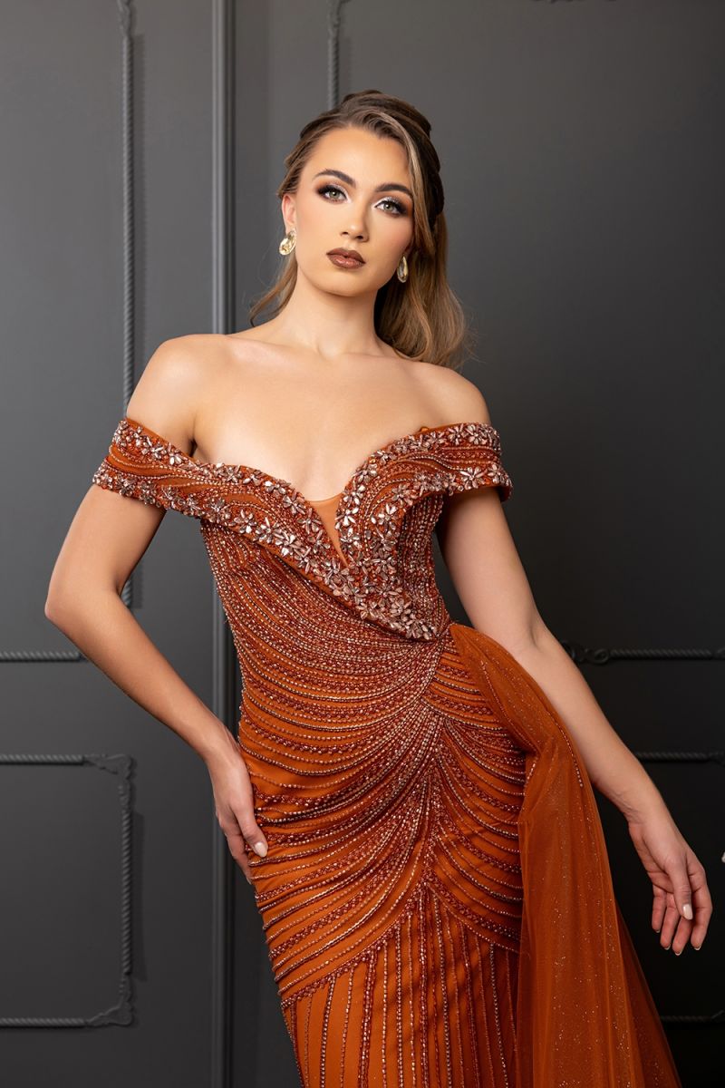 sheath column off the shoulder dress Off-the-Shoulder Floor-Length with Train Tulle Prom Sheath Column May Queen RQ8261