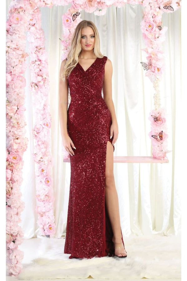 V-Neck Floor-Length Sequin Evening Gown Mermaid May Queen 1874
