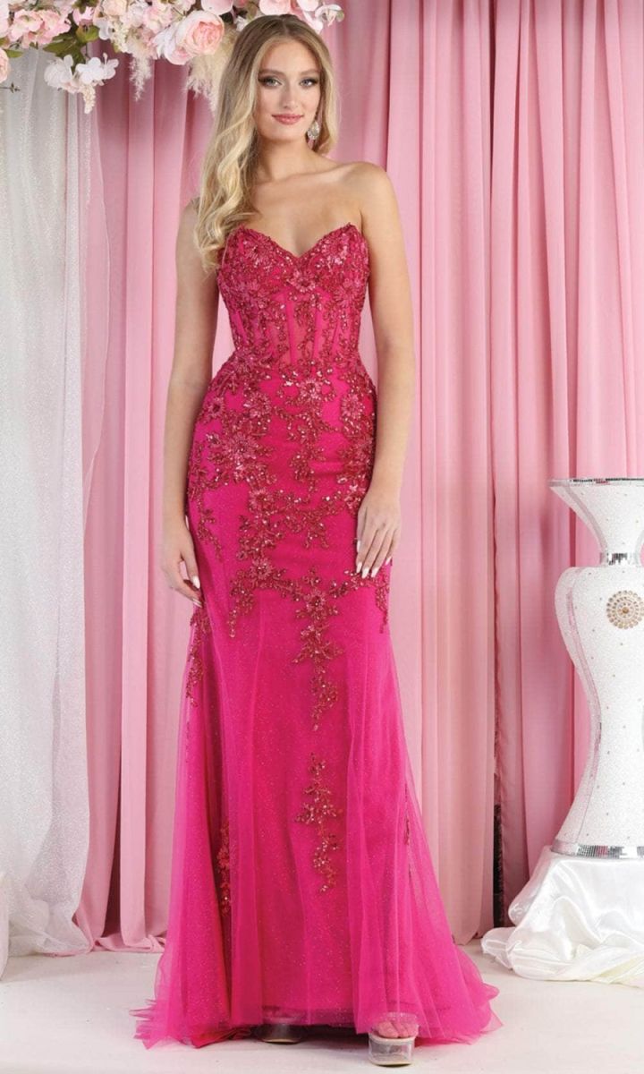 Fuchsia Sweetheart Floor-Length Tulle Prom Dress Corset May Queen RQ8013