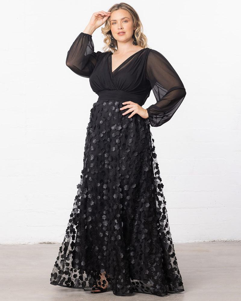 Plus Size Dresses 3D Floral A Line Long Formal Plus Size Dress Onyx Blossoms