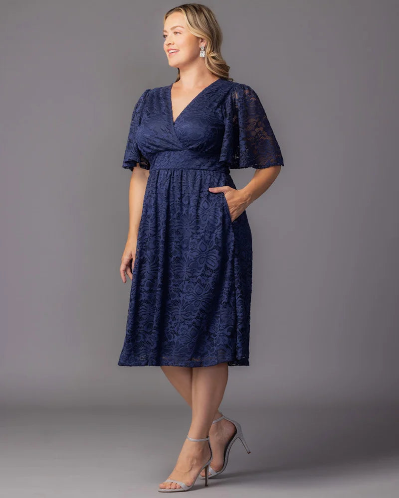 V-Neck Knee-Length Lace Formal A-Line Kiyonna 11260909