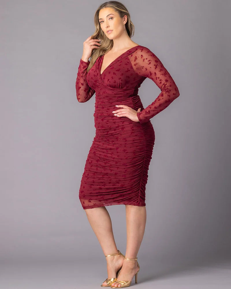 Plus Size Dresses Long Sleeves Short Cocktail Plus Size Dress Burgundy Flocked Florals