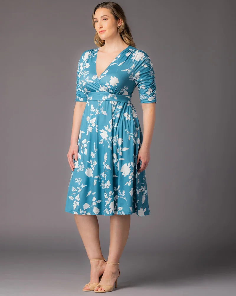 Aqua Blooms V-Neck Knee-Length Floral Casual Dress Plus Size A-Line Dress with Pockets Kiyonna 12183501