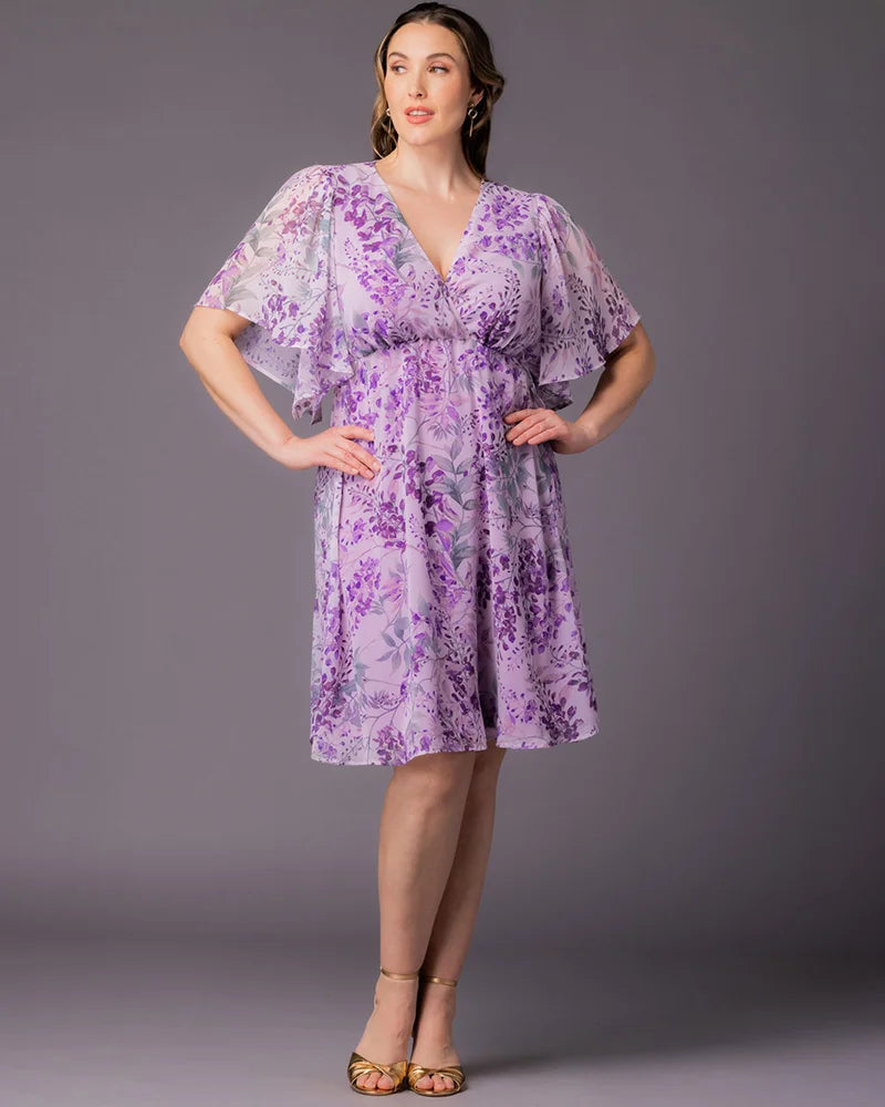 Wisteria Blooms V-Neck Knee-Length Chiffon Casual Floral Wrap Plus Size Dress Kiyonna 12191302