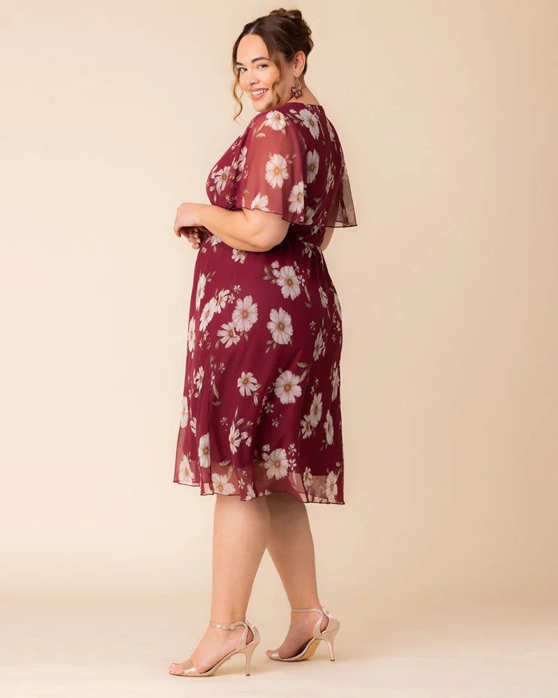 Plus Size Dresses Midi Short A Line Plus Size Dress Raspberry Floral Print