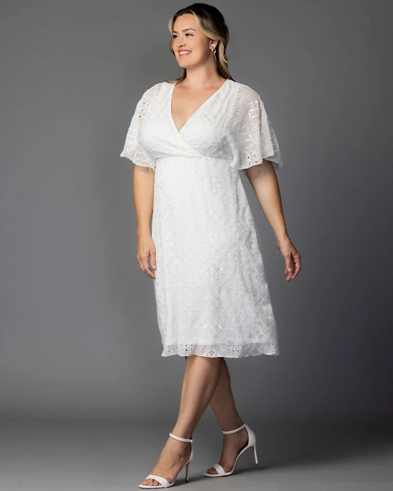 Ivory Eyelet V-Neck Knee-Length Eyelet Casual Dress Flutter Sleeve Plus Size Dress Kiyonna 12262105
