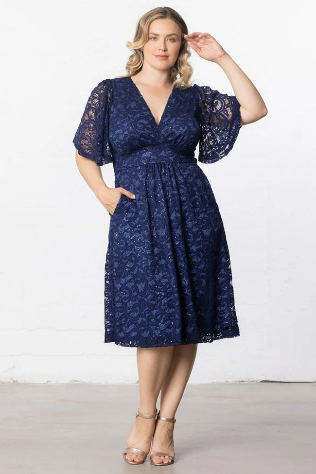 Kiyonna 13230905 A Line Plus Size Lace Short Cocktail Dress - Teal Topaz / 5X Kiyonna 13230905 A Line Plus Size Lace Short Cocktail Dress - Teal Topaz / 5X