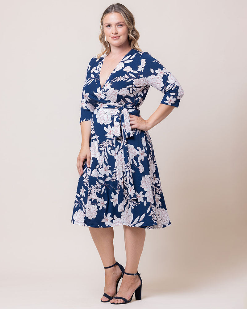 Plus Size Dresses Short Fitted Print Midi Cocktail Dress Navy Lily Peony Print