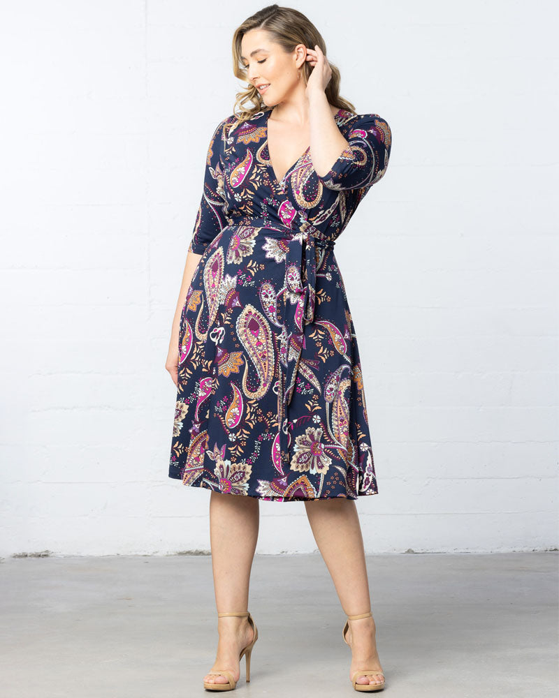 Plus Size Dresses Short Fitted Print Midi Cocktail Dress Navy Paisley Print