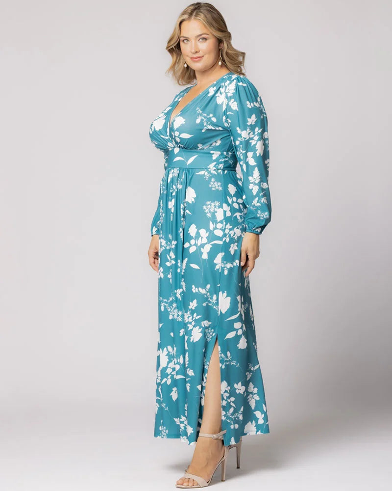 Plus Size Dresses Long Sleeve Tea Length Short Cocktail Dress Aqua Blooms