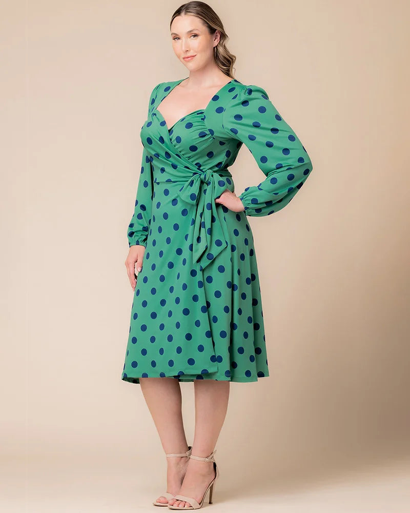 Plus Size Dresses Long Sleeve Short Midi Cocktail Plus Size Dress Kiyona 17212501 Green Polka Dot