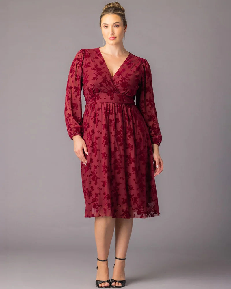 Plus Size Dresses Short Floral Midi Cocktail Plus Size Dress Kiyonna 17253601 Bordeaux Flocked Florals