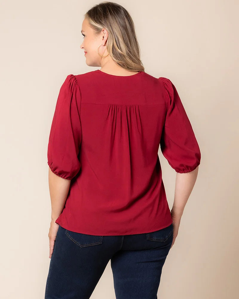 Crimson Red V-Neck Half Sleeve Woven Casual Blouse Embroidered Plus Size Top Kiyonna 22262702