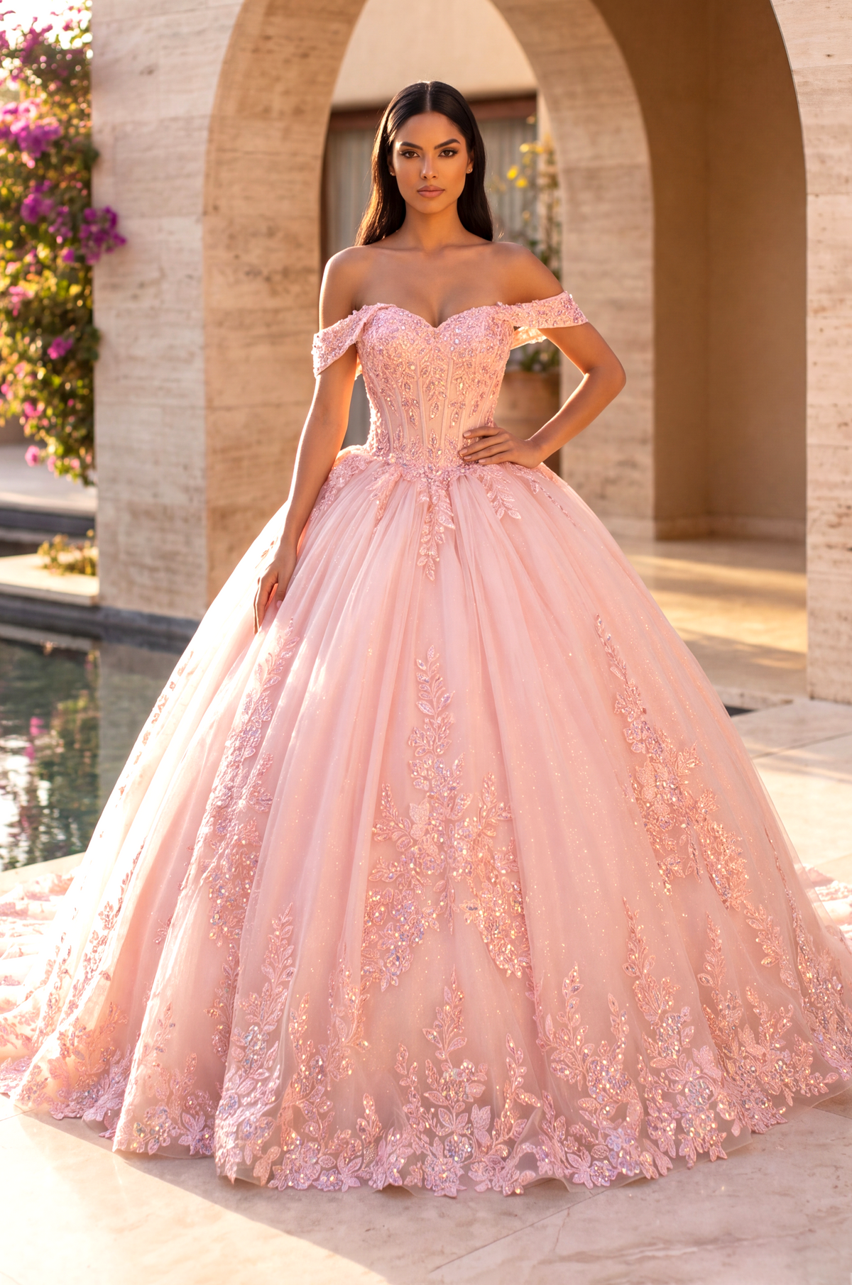 The Dress Outlet Quince Off-the-Shoulder Floor-Length Tulle Occasion Ball Gown The Dress Outlet 3000