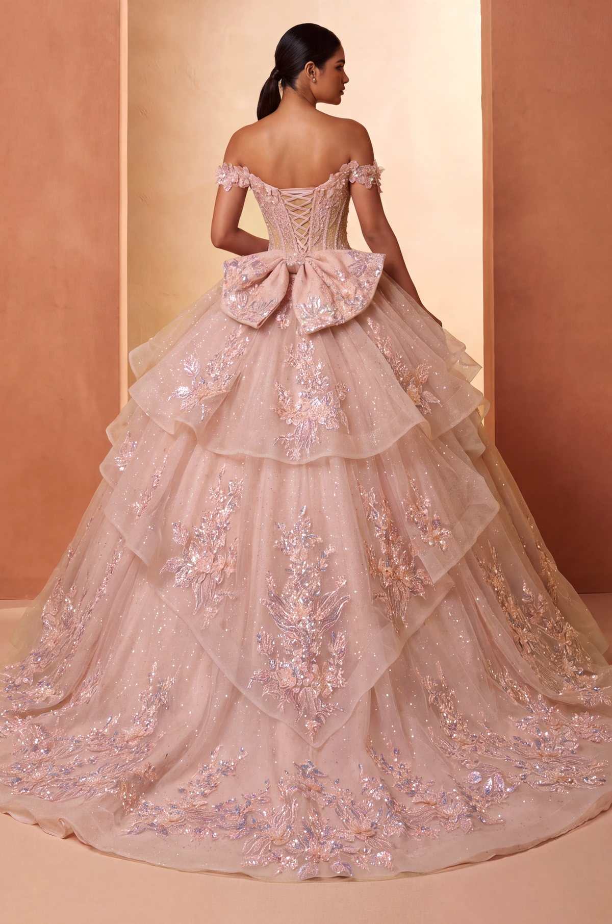 Off-the-Shoulder Floor-Length Tulle Quinceanera Ball Gown 3001