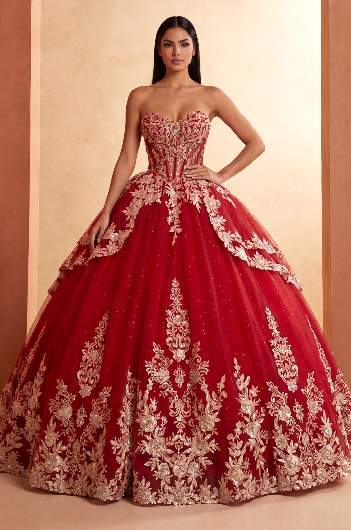 Strapless Curved Neck Floor-Length Tulle Quinceanera Ball Gown 3002