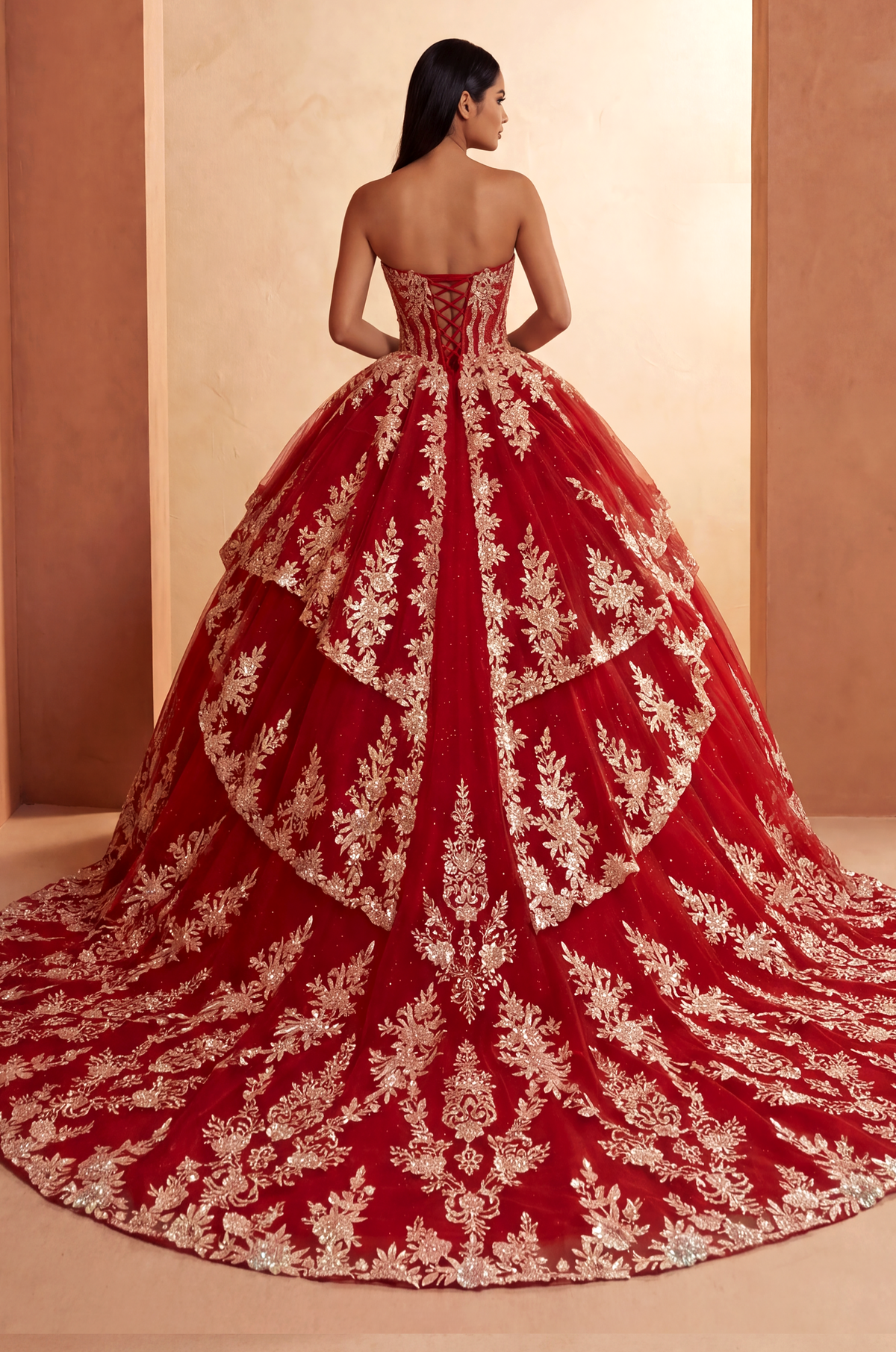 Strapless Curved Neck Floor-Length Tulle Quinceanera Ball Gown 3002