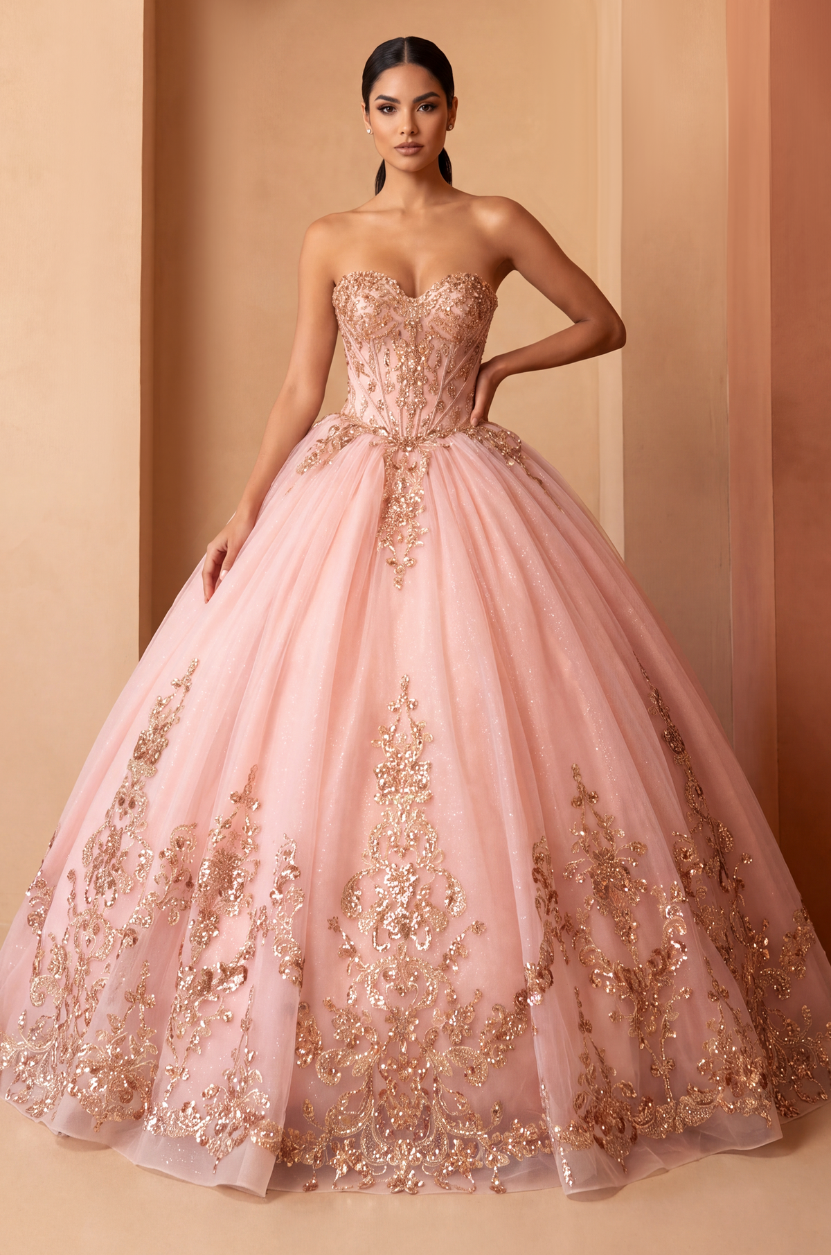 Strapless Curved Neck Floor-Length Tulle Quinceanera Ball Gown 3005