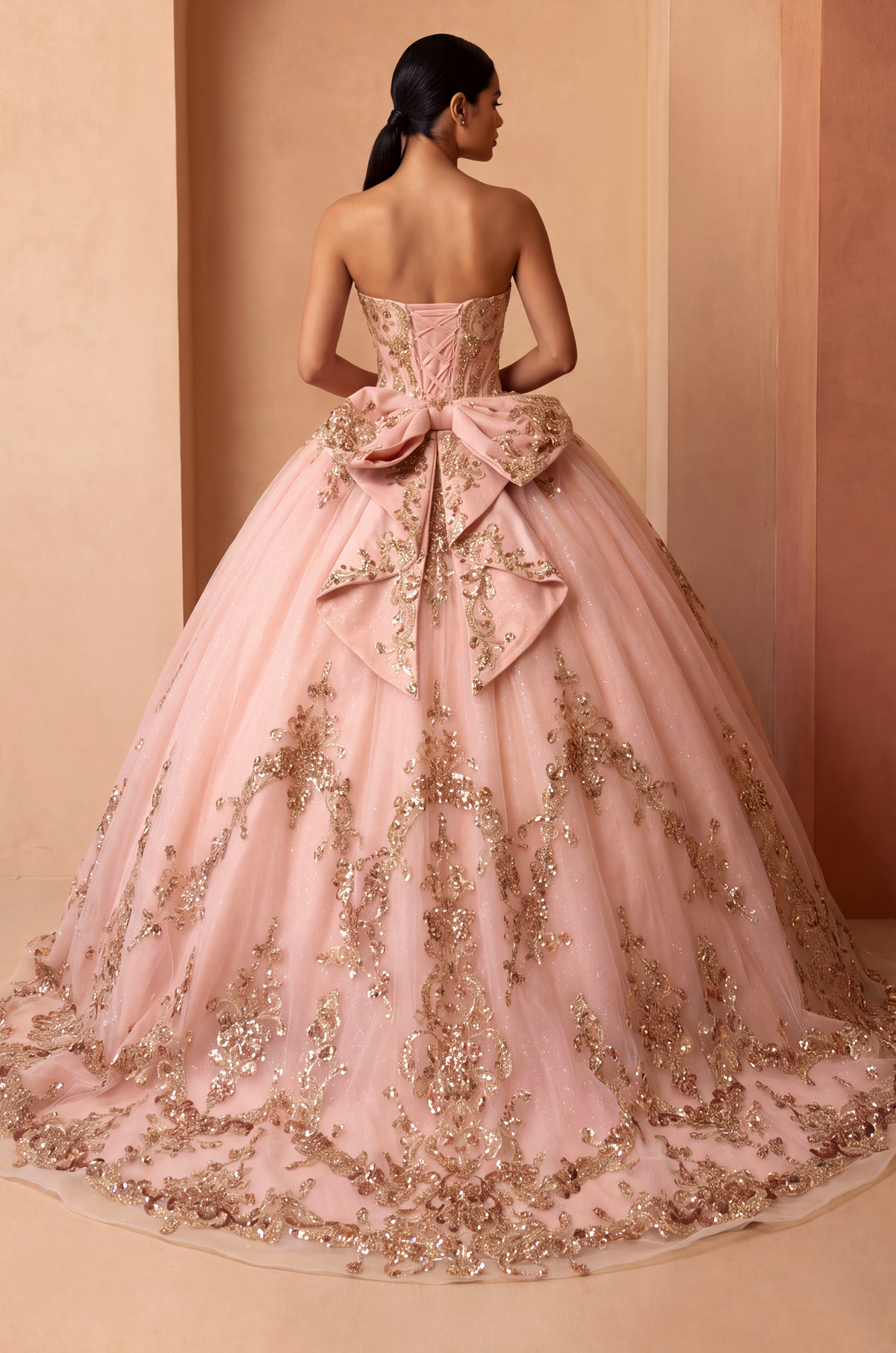 Strapless Curved Neck Floor-Length Tulle Quinceanera Ball Gown 3005