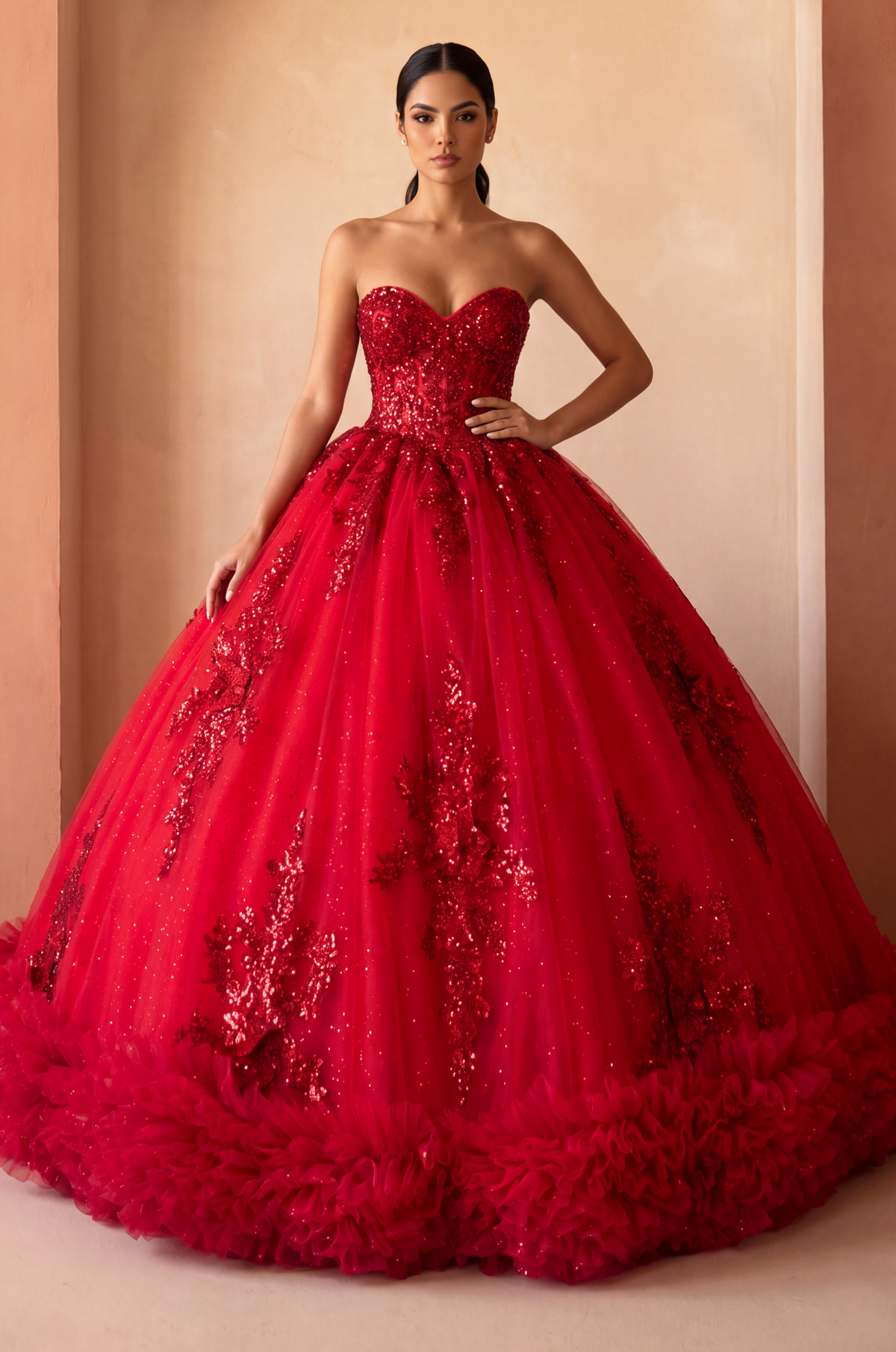 Strapless Curved Neck Floor-Length Tulle Quinceanera Ball Gown 3006