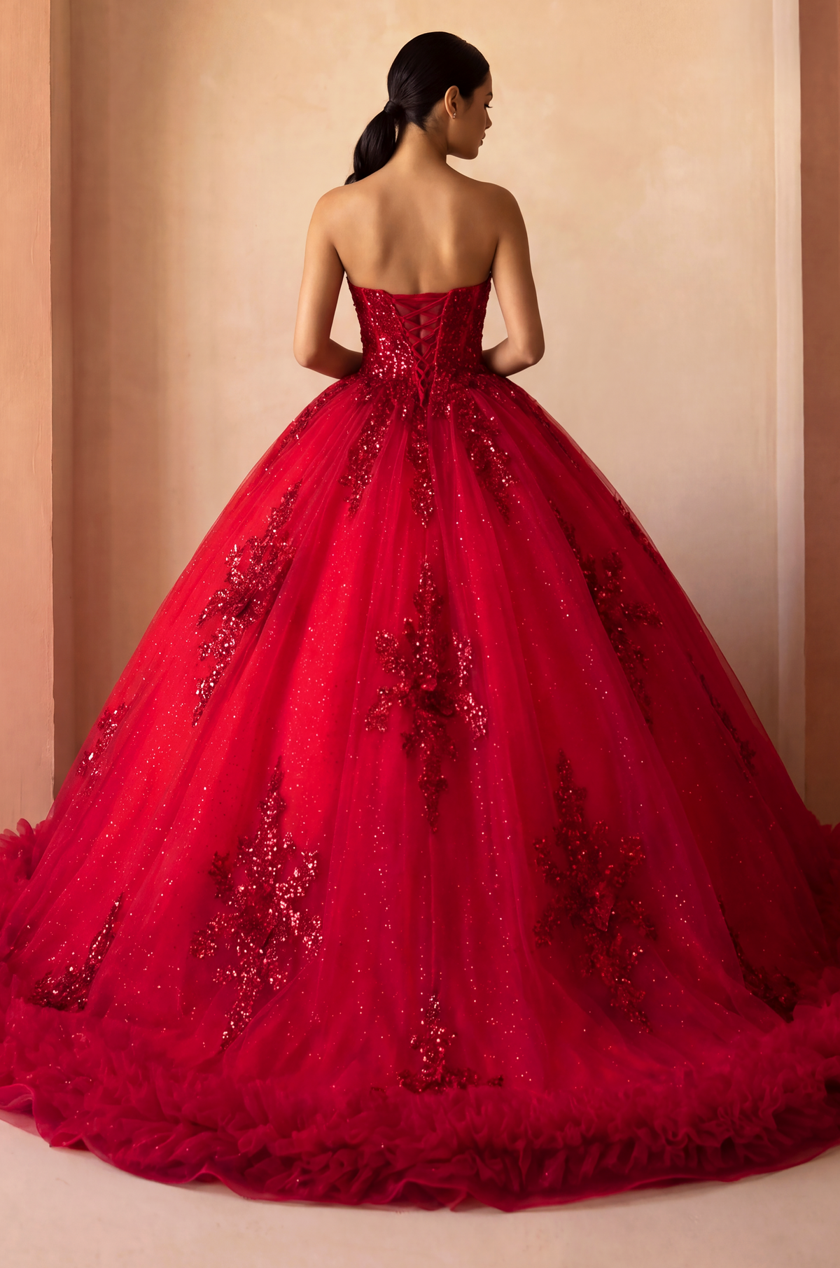 Strapless Curved Neck Floor-Length Tulle Quinceanera Ball Gown 3006