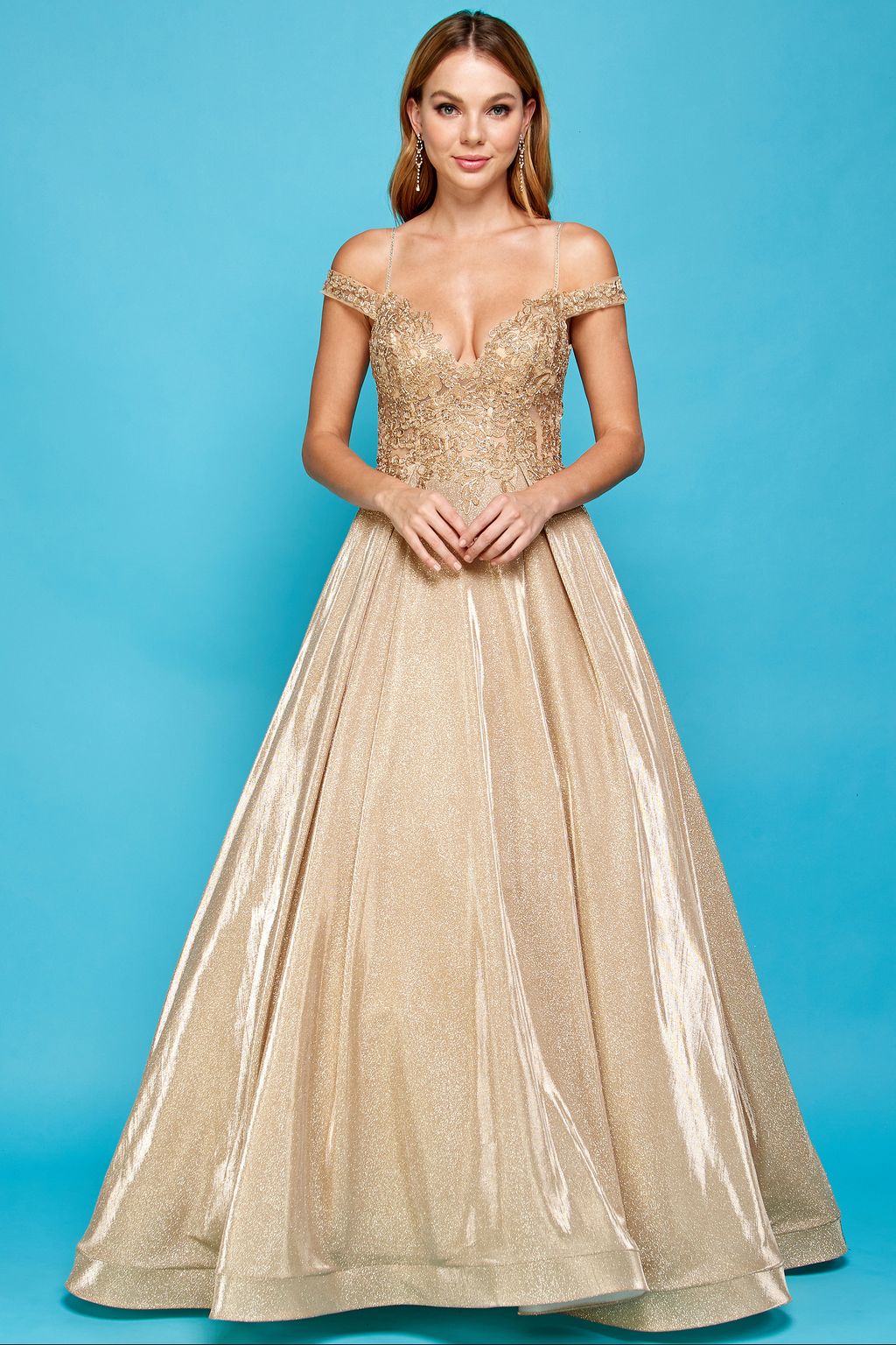 Adora 3007 Glitter Long A Line Metallic Lace Applique Prom Dress