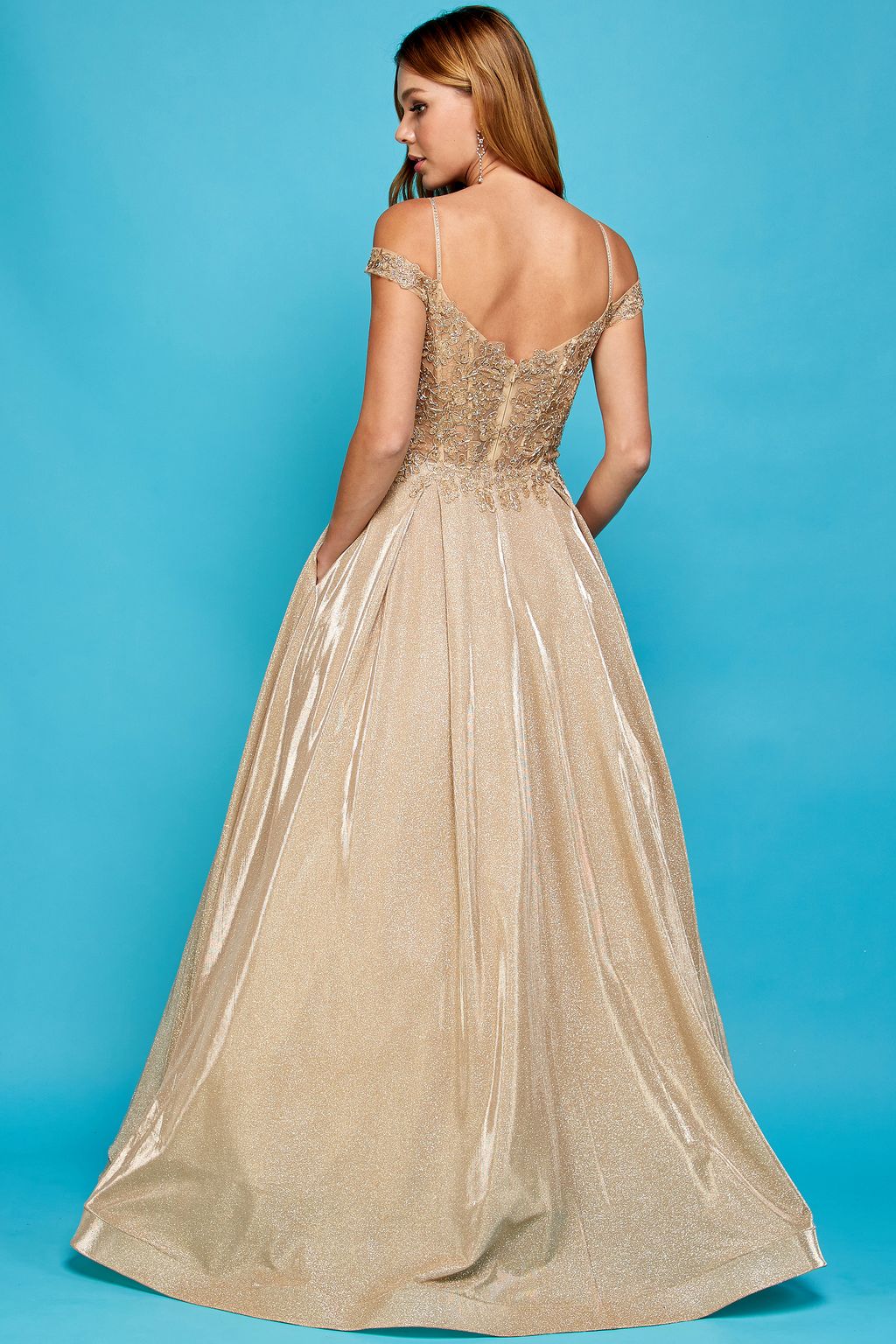 Adora 3007 Glitter Long A Line Metallic Lace Applique Prom Dress
