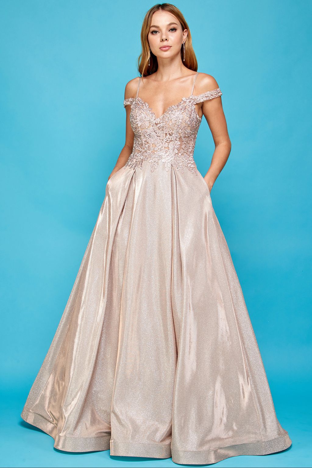 Adora 3007 Glitter Long A Line Metallic Lace Applique Prom Dress