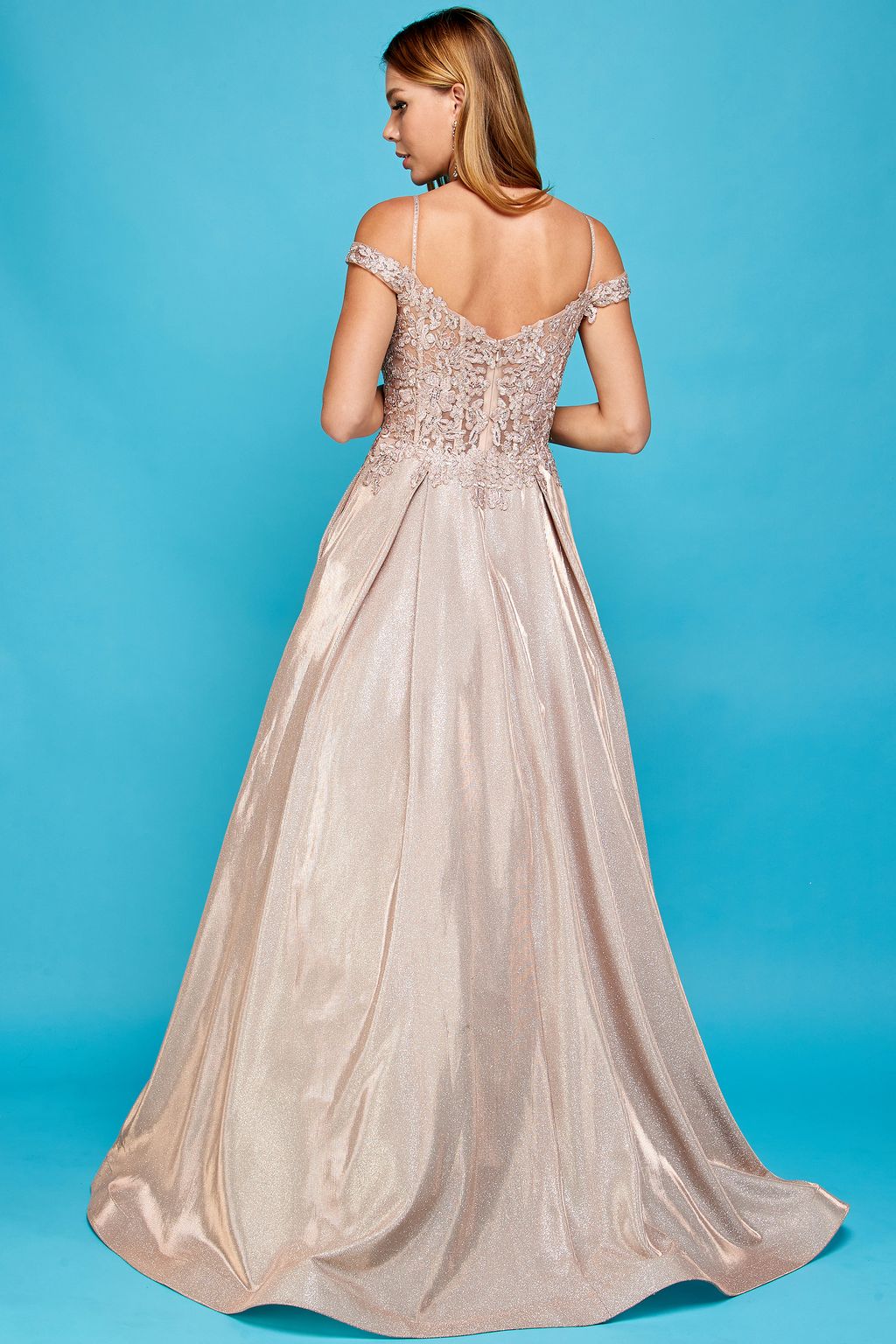 Adora 3007 Glitter Long A Line Metallic Lace Applique Prom Dress
