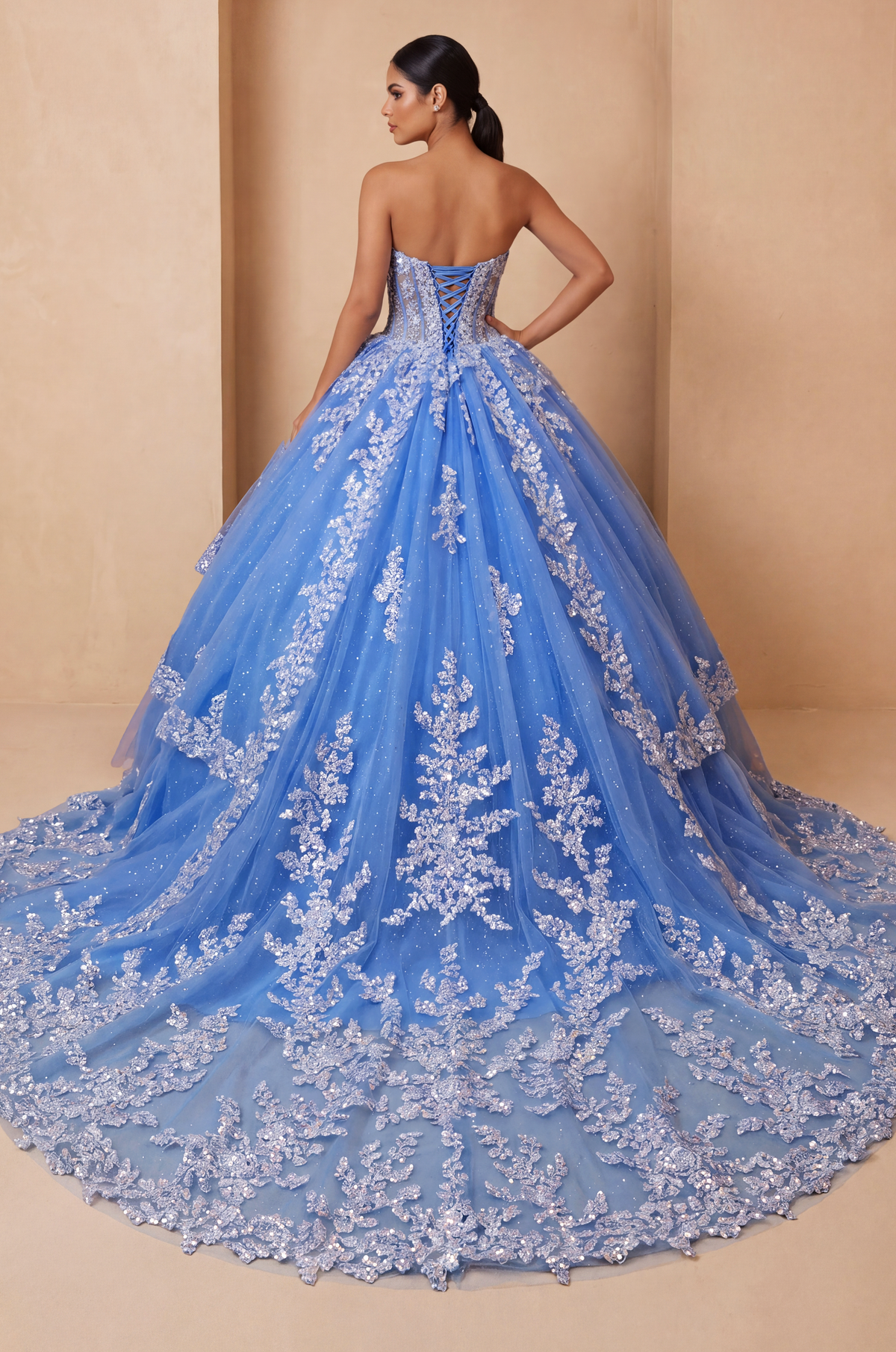 The Dress Outlet Quince Strapless Curved Neck Floor-Length with Train Tulle Ball Gown The Dress Outlet 3008
