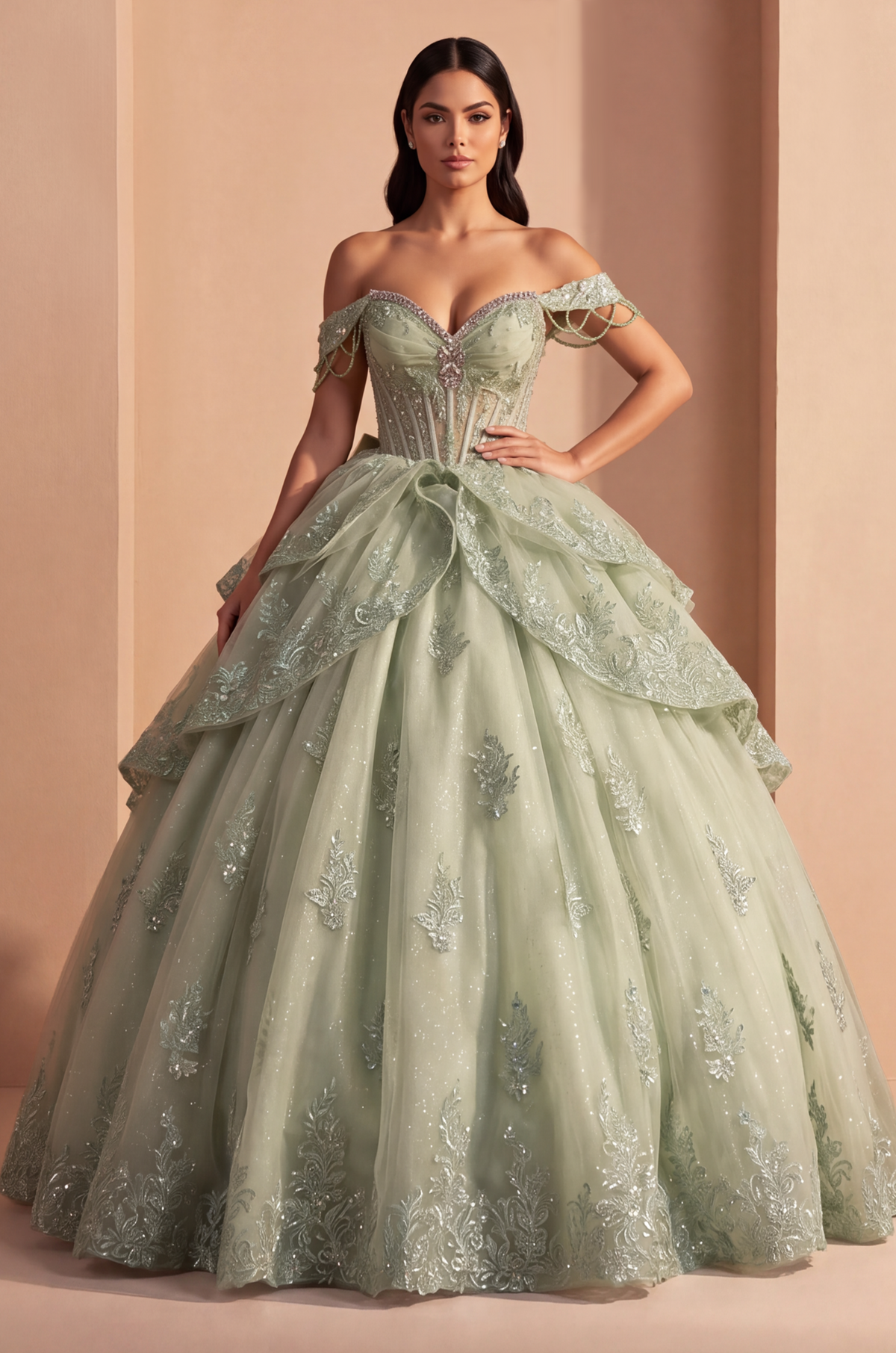 Off-the-Shoulder Floor-Length Tulle Quinceanera Ball Gown 3009